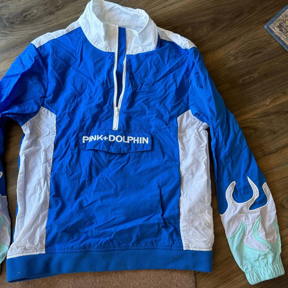 Pink + Dolphin The Waveflare Quarter-Zip Blue and White Flame Windbreaker Jacket